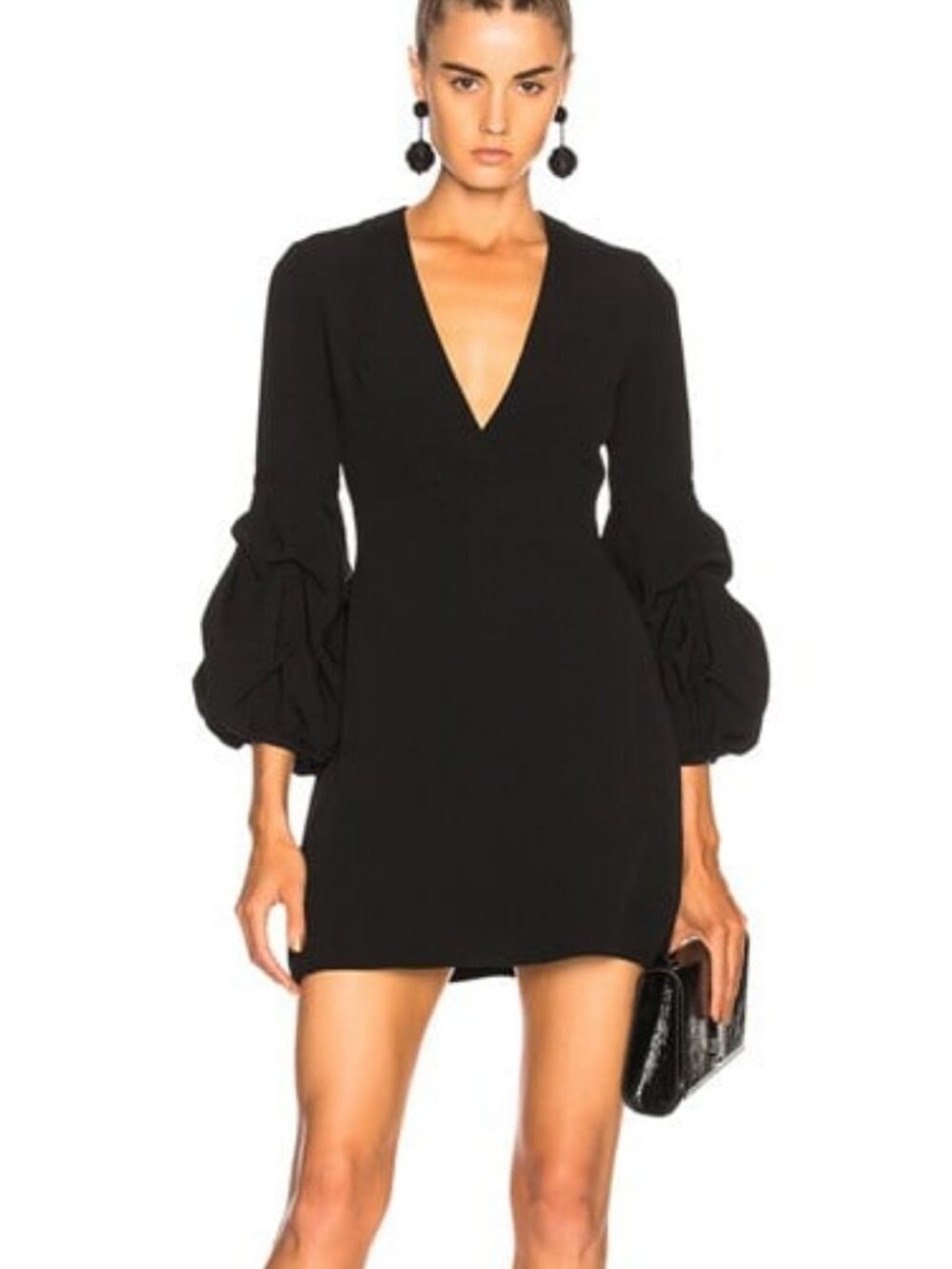 NWT ALEXIS Fia Black Crepe Mini Dress Long Ruched Puff Sleeves S MSRP $500